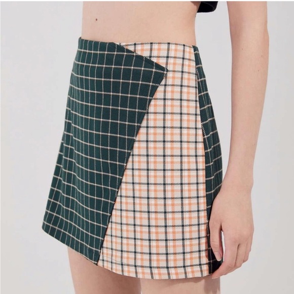 Urban Outfitters Plaid Faux Wrap Color Block Mini Skirt Yellow Green - Size XS - Picture 7 of 7